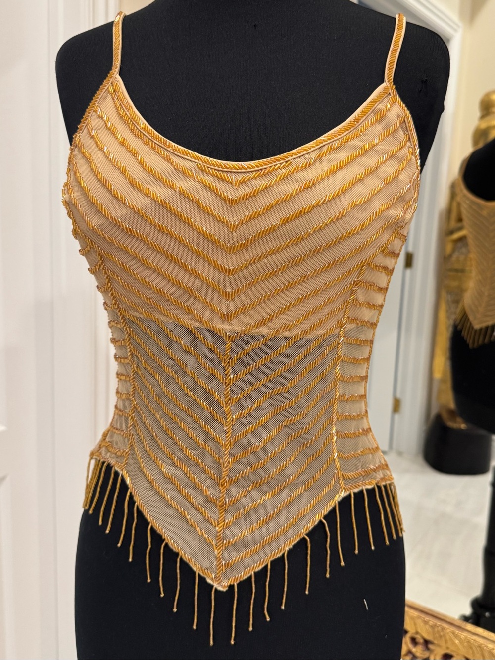 Gold hand beaded stretch, mesh chevron pattern top. Attitudes by Debra size SM